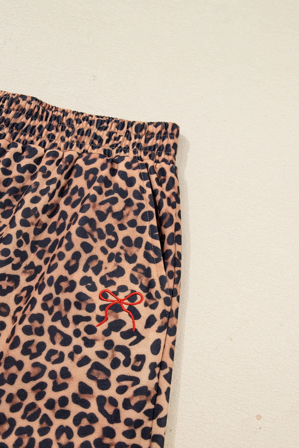 Khaki Leopard Pullover and Pants 2pcs Outfit with Bow Embroidery