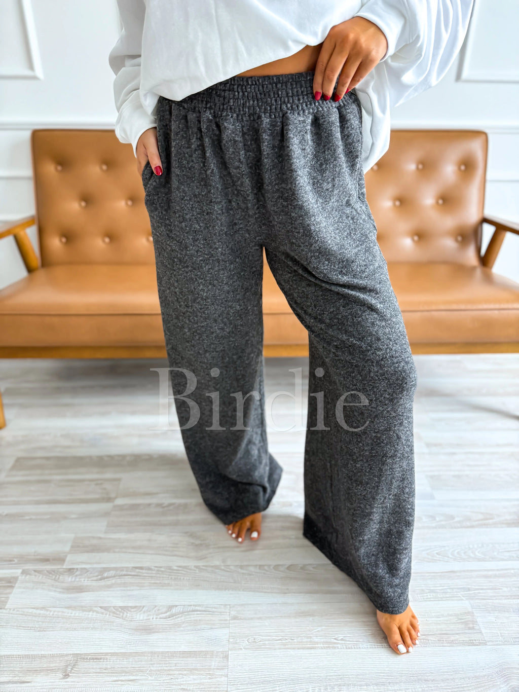 BIRDIE Luxe Lounge Wide Leg Pants in Charcoal