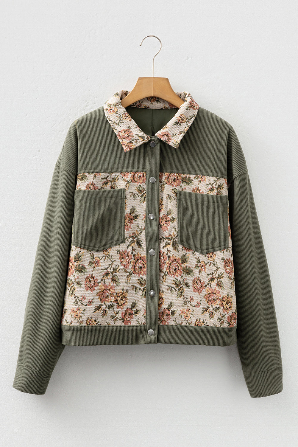 Dearlovers Sage Green Ribbed Retro Floral Patchwork Shirt Style Jacket