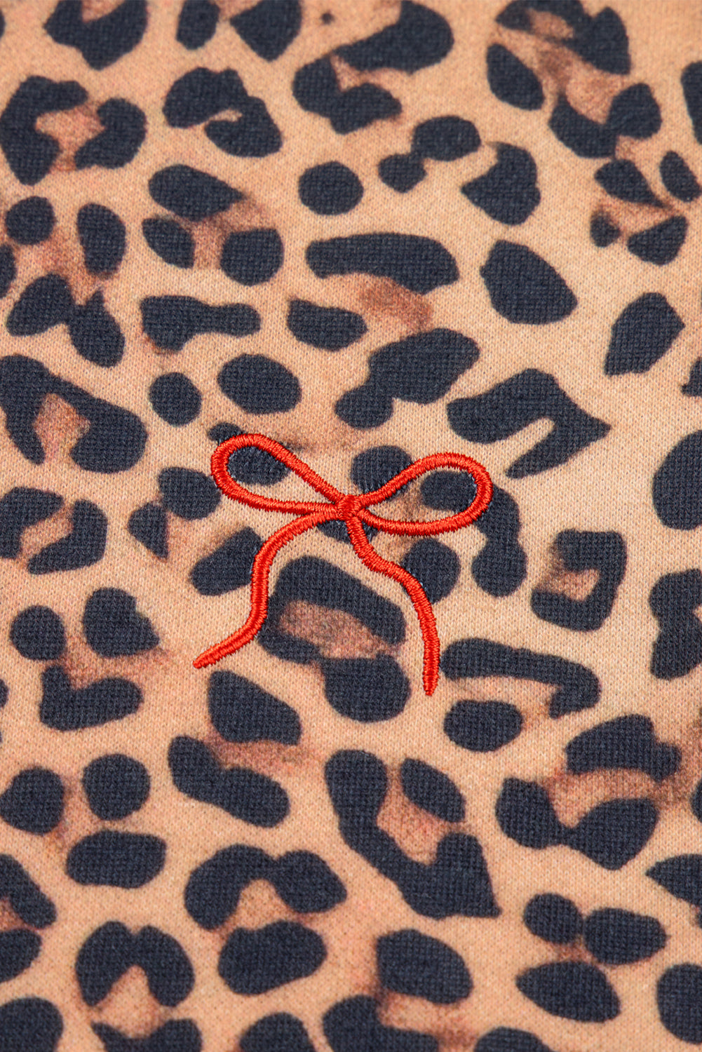 Khaki Leopard Pullover and Pants 2pcs Outfit with Bow Embroidery