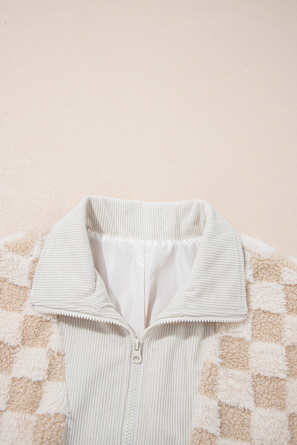 Khaki Checker Sherpa Corduroy Patchwork Zip up Collared Jacket