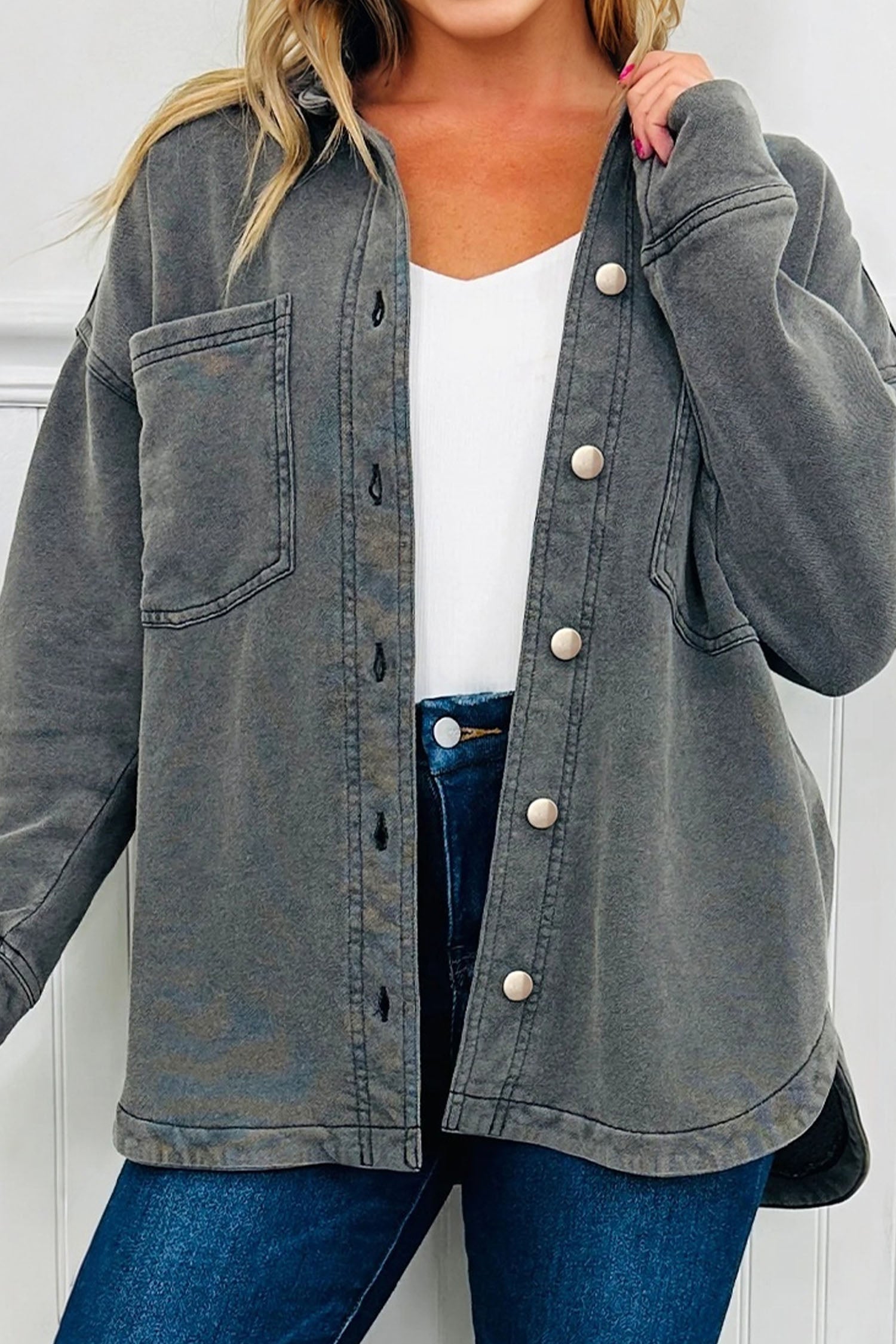 Medium Grey Mineral Wash Chest Pockets Drop Shoulder Shacket with Side Slit